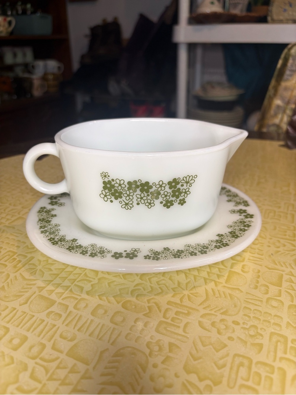 Vintage Pyrex White Milk Glass Gravy Boat with Green Floral Pattern
